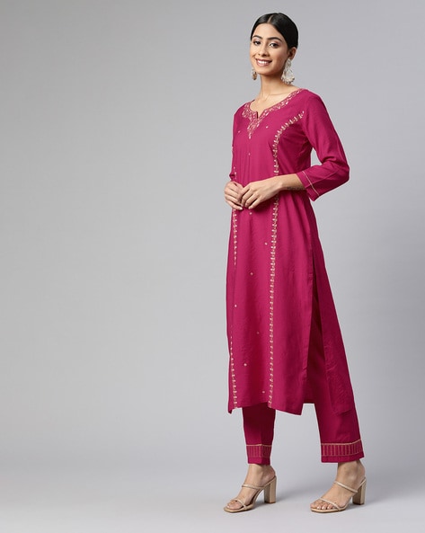 Buy online Pink Silk Straight Pant Suits Semistitched Suit from Suits &  Dress material for Women by Mf Next for ₹839 at 72% off