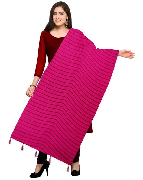 Women Striped Cotton Dupatta with Tassels Price in India