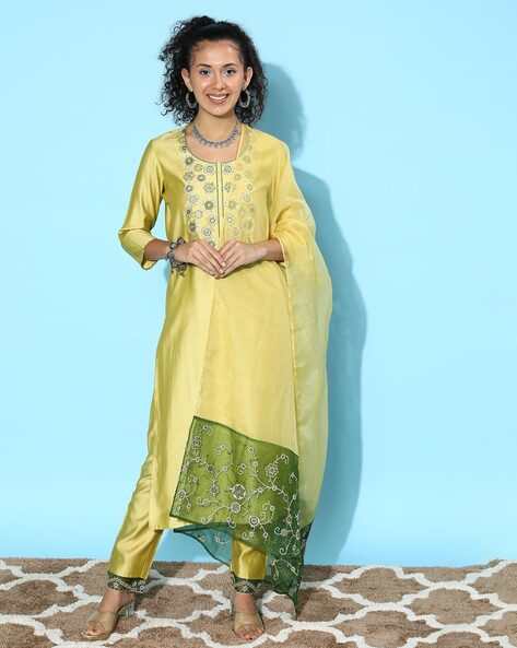 Lemon green multi color floral embroidered palazzo suit set with green net  dupatta KALKI Fashion India