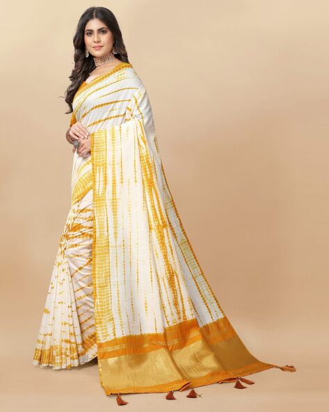 Moora Saree | White Blue and Yellow | Tie-Dye Natural Colors| Mulmul C