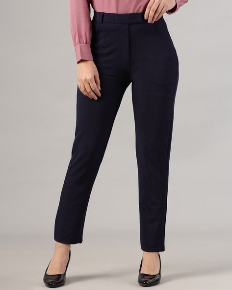 Buy CRIMSOUNE CLUB Navy Womens Beige Solid Cigarette Trousers | Shoppers  Stop