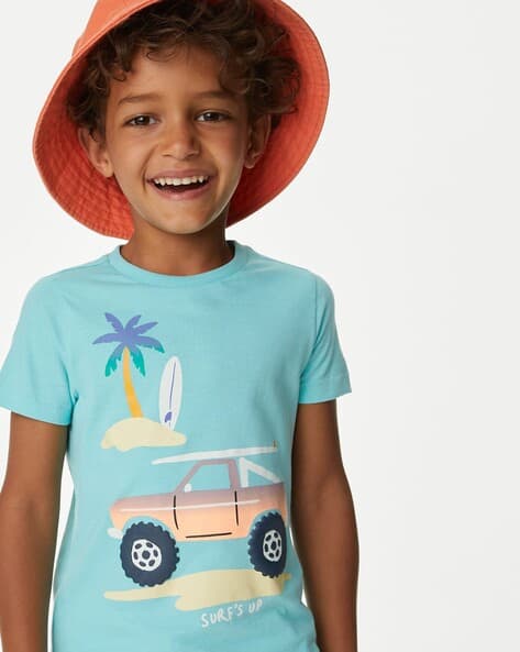 Boys Beach Buggy Print Relaxed Fit Round-Neck Pure Cotton T-Shirt