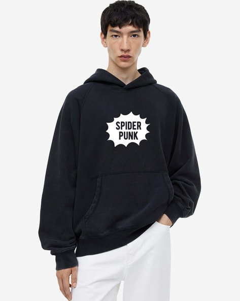 Oversized Fit Printed Hoodie - Black - Men