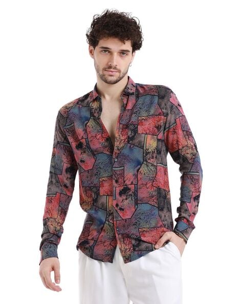 Men Abstract Print Slim Fit Shirt