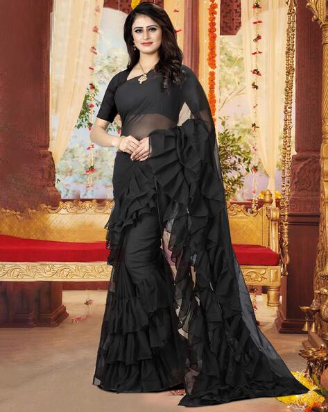 South Indian Actress Samantha Elegant 3 Layer Ruffle Black Saree –  EinayaCollection