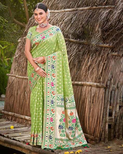 Neon Green Paithani Silk Saree With Zari Weaving Work | Leemboodi