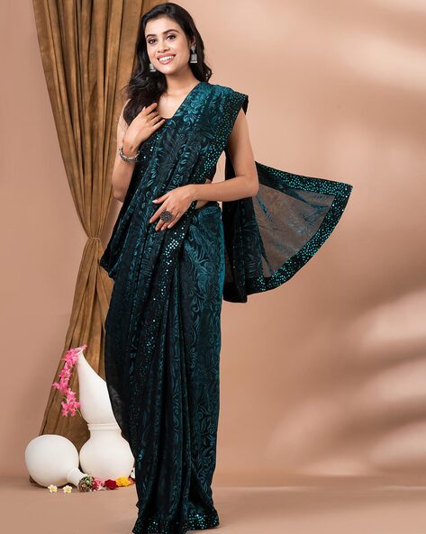 Buy Aqua Blue Satin Chiffon Saree With Embroidered Blouse Online