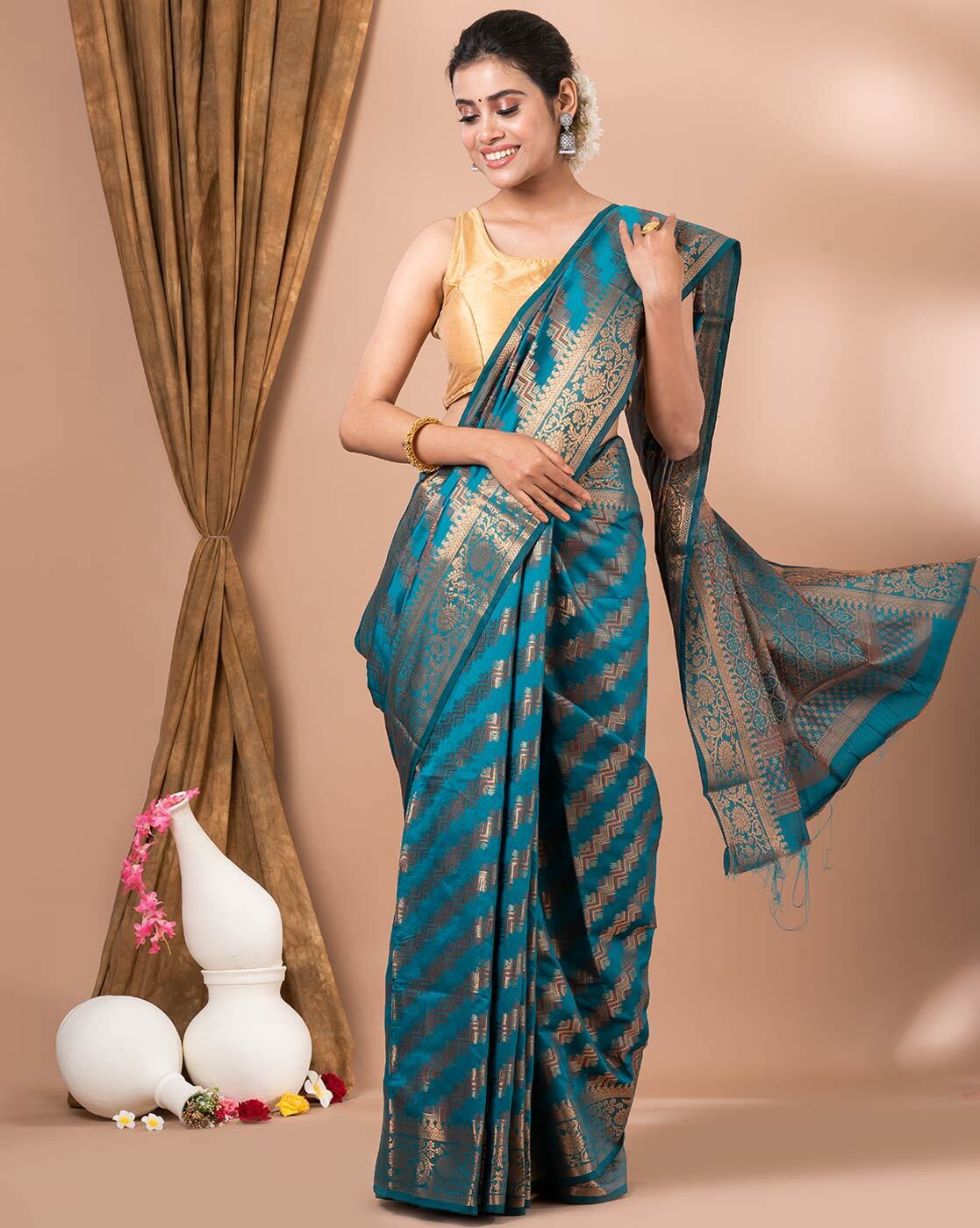 Shop Online Peach Embroidered Organza Silk Saree with Designer Blouse –  Pure Elegance