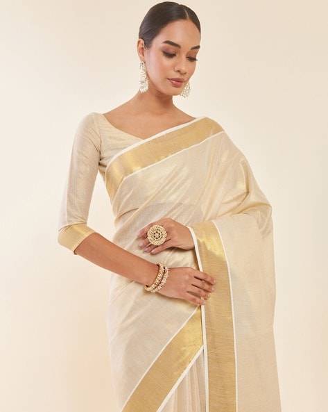 Woman's Kerala kasavu kuthampully Tissue set saree with running blouse