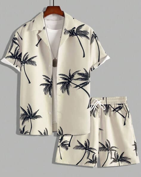 Men Tropical Print Regular Print Shirt Shorts Set