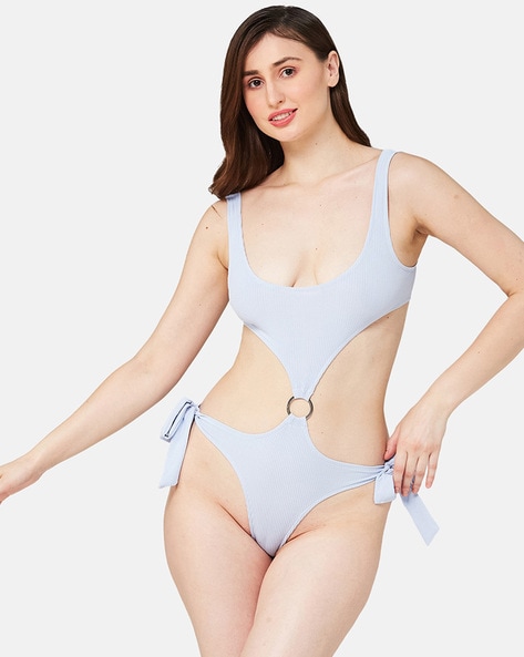 Ribbed Scoop-Neck Swimsuit with Tie-Up Detail