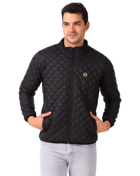 Men Regular Fit Quilted Jacket with Zip-Front Closure