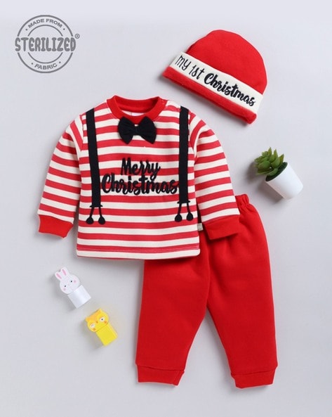Colsie T-shirt Fleece Joggers Santa Baby with Scrunchie Tie Pajama Set M  RED