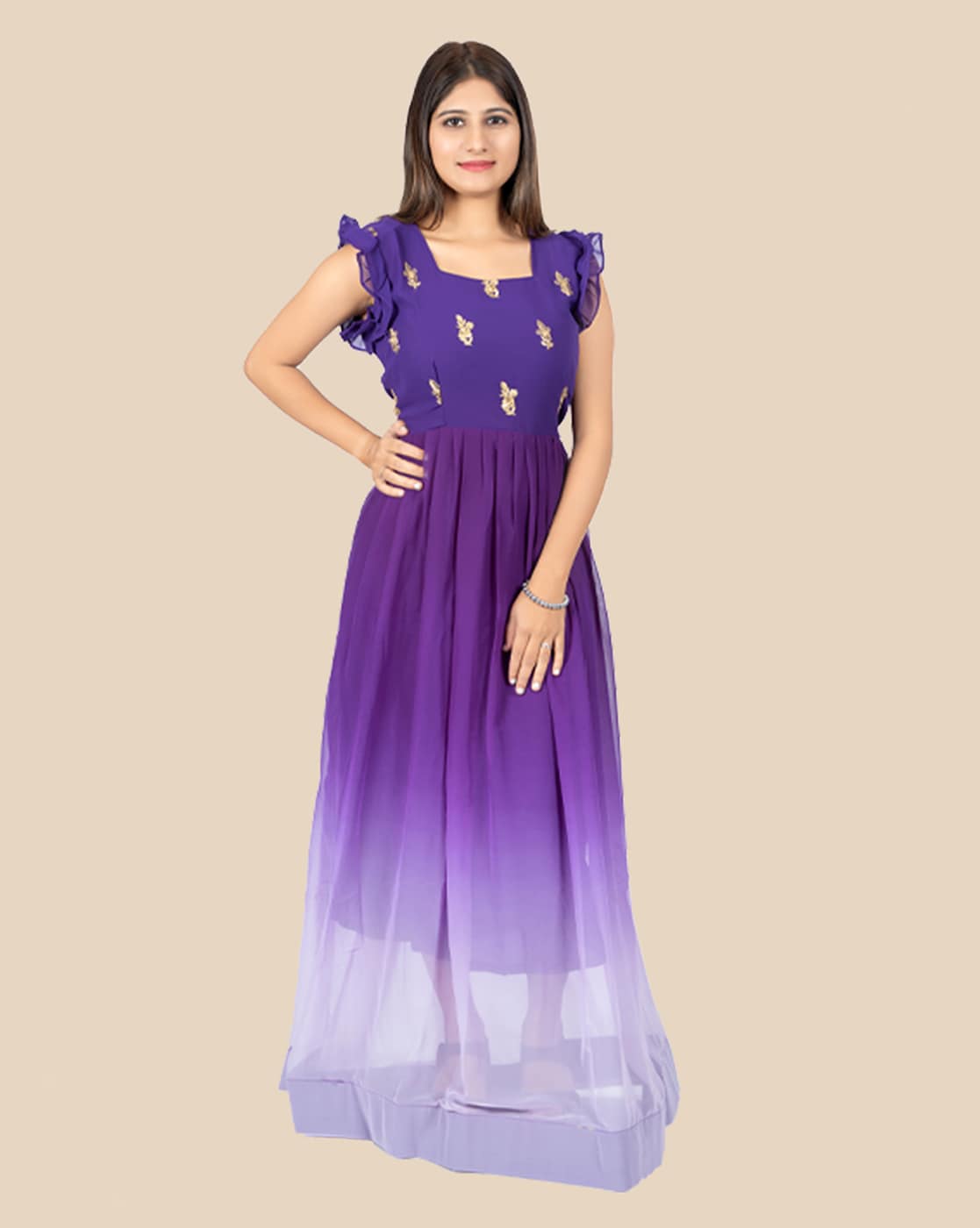 Purple Tulle Long Princess Dress, Cute Short Sleeve Formal Evening Dre