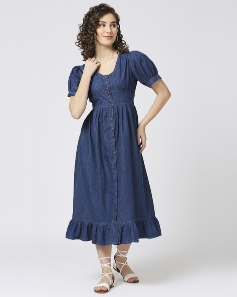 Women Tiered Dress with Button Accent