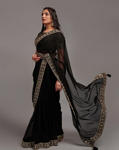 Black Chiffon Saree with Green Floral Jewelled Crystal Belt – Talking  Threads