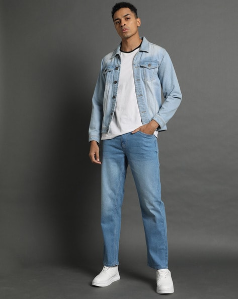 Men Lightly Washed Straight Jeans