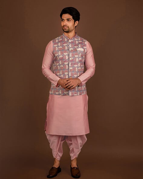 Men Regular Fit Kurta Dhoti Pants with Leaf Print Nehru Jacket