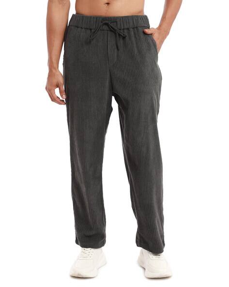 Men Ribbed Relaxed Fit Flat-Front Trousers