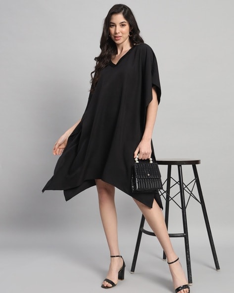Black slub silk kaftan dress - MAYANK MODI FASHIONS - 4176686