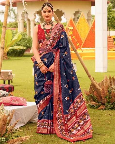 Blue silk patola print saree 5809 | Saree designs, Art silk sarees, Purple  saree