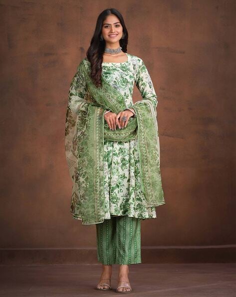 Women Floral Print Flared Kurta with Pants & Dupata Price in India