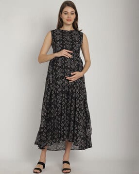 moms maternity Women Leaf Print Gown Dress with Round Neck-picture-2