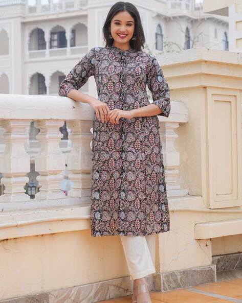 Stunning Soft Rayon Red & Black Floral Printed Straight Cut Kurti, a blend  of comfort and