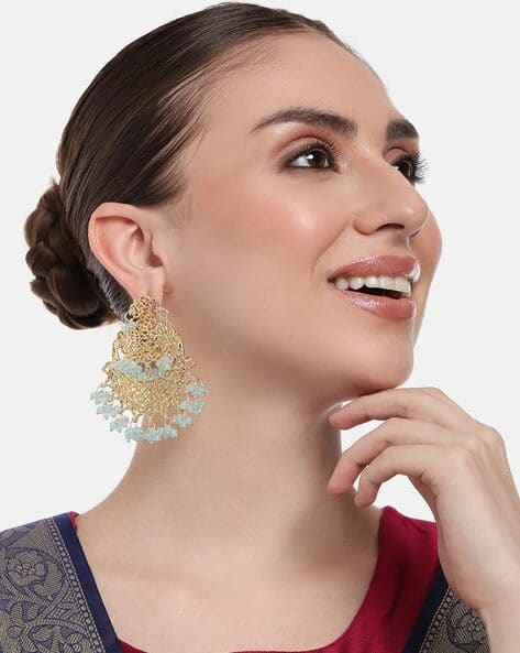 Women Gold-Plated Kundan-Studded Beaded Drop EarringsWomen Gold-Plated  Kundan-Studded Beaded Chandbali Earrings