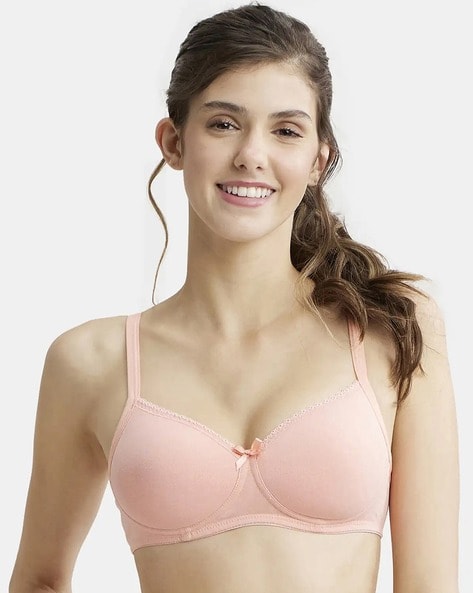 Women's Wirefree Padded Super Combed Cotton Elastane Stretch Full Coverage  T-Shirt Bra with Broad Fabric Straps - Candlelight Peach