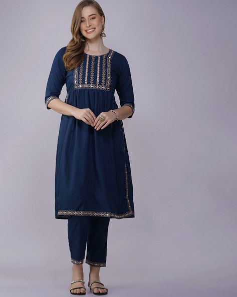 Women Embroidered A-Line Kurta Set Price in India