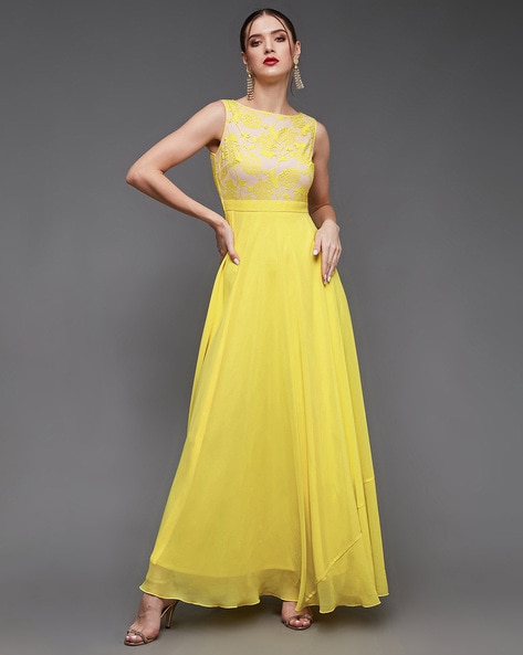 Buy Yellow Zari Woven Organza Long Anarkali Gown Dress