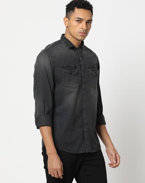 Black Denim Men's Denim Long Sleeve Shirts Long Sleeve Denim
