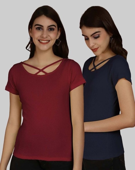 FRISKERS Women Pack of 2 Ribbed Slim Fit Tops