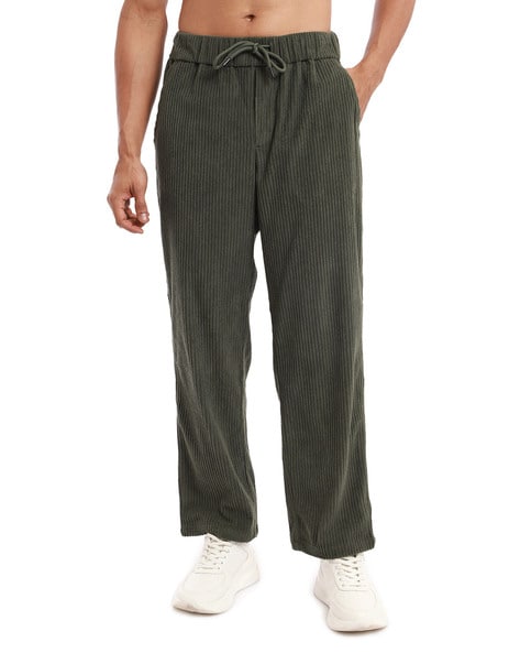 Men Ribbed Relaxed Fit Flat-Front Trousers