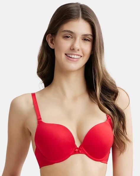 FE53 Wired Padded Cotton Elastane Strech Medium Coverage Plunge-Neck Pushup  Bra with Multiway Styling