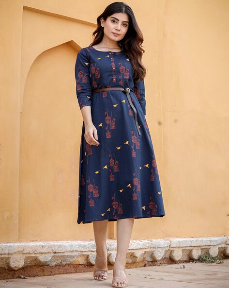 Women Printed A Line Cotton Dress with Belt