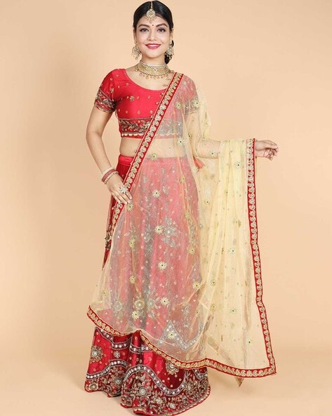 Women Embroidered Dupatta with Lace Detail Price in India