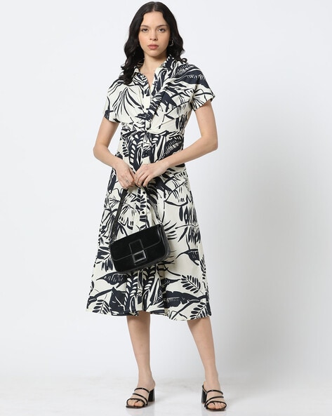 Women Leaf Print Twisted-Knot Shirt Dress