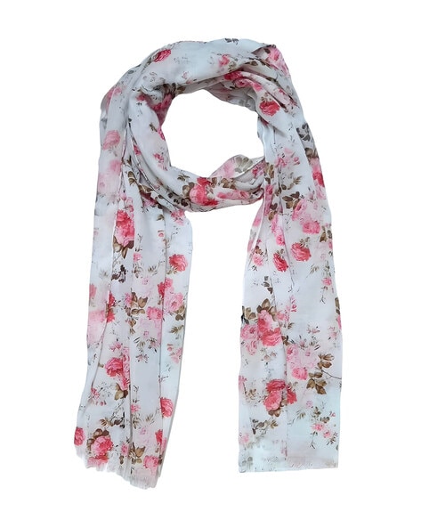 Women Floral Print Stole with Fringed Hem Price in India