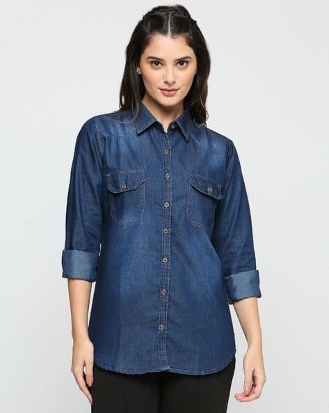 Women Slim Fit Denim Shirt with Flap Pockets