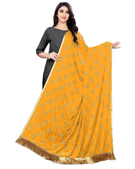 Women Geometric Print Dupatta with Lace Detail Price in India