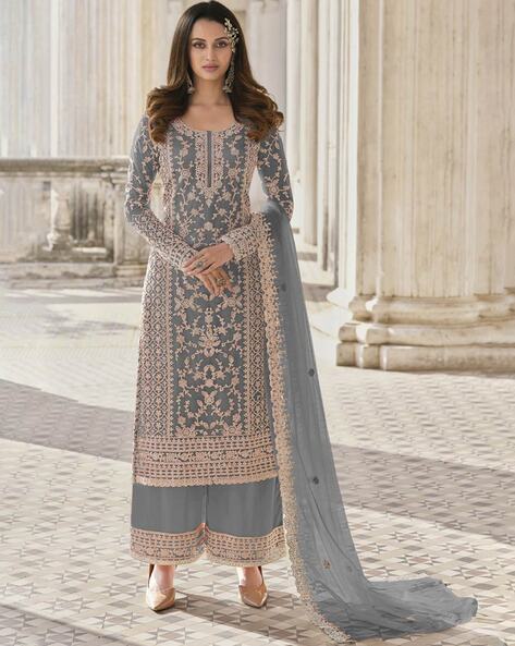 Grey dress material with embroidery 