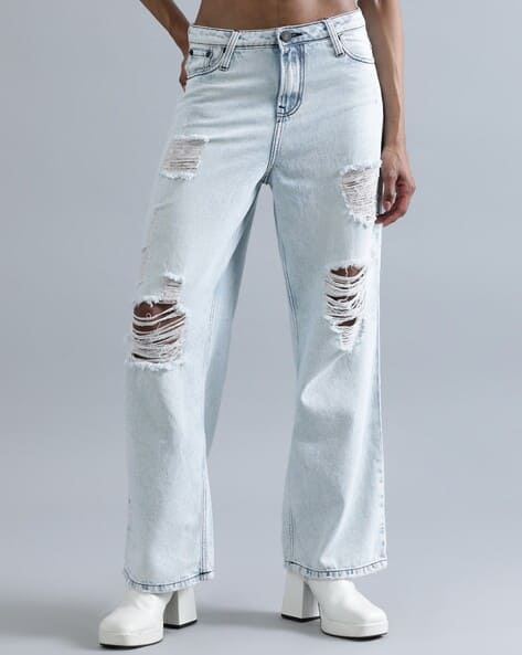 Women Heavily Distressed Relaxed Jeans