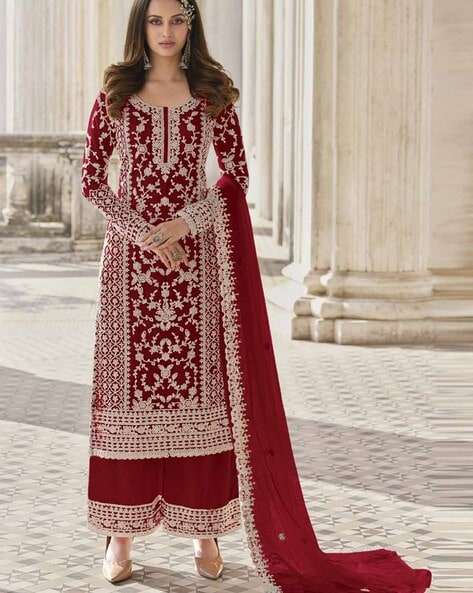Women Embroidered Semi-Stitched 3-Piece Dress Material Price in India
