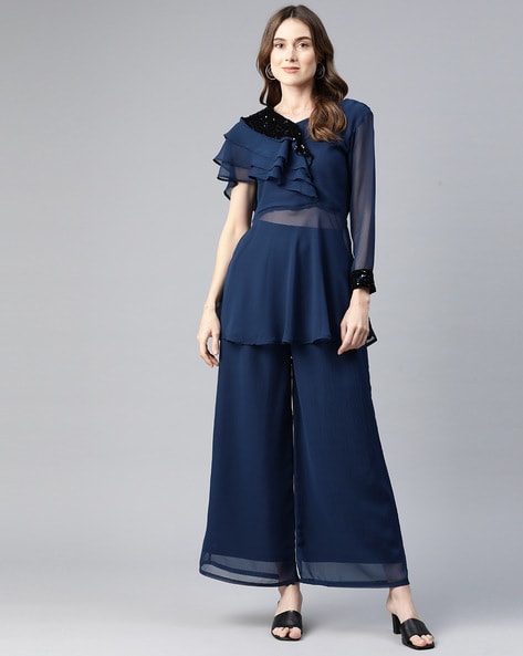 Buy Wine Crepe Plain Notched Lapel Collar Ruffle Top And Trousers Set For  Women by B'Infinite Online at Aza Fashions.