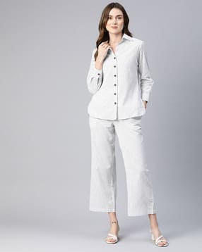 Women Striped Cotton Shirt & Trousers Set-image-6