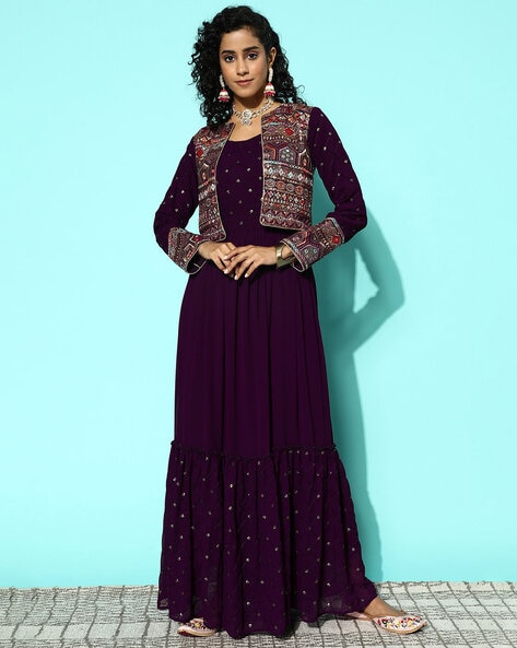 Buy a wine color indo-western jacket style gown Online