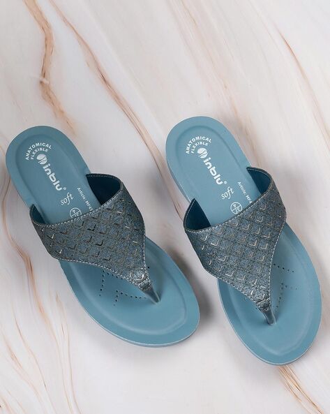 Women Toe Post Slippers, PVC Fashionable Flip Flops Blue