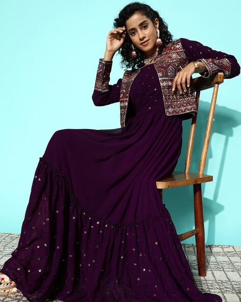 Rayon Gown Kurti Paired With Jacket | Gown pattern, Flare outfit, Ladies  gown